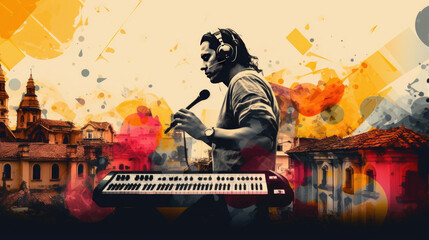 A man recording music with headphones and a microphone in front of a keyboard