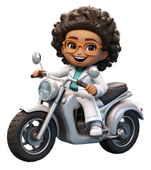 Black woman wearing orange glasses, riding a motorcycle, short curly hair, 3d cartoon, transparent background 