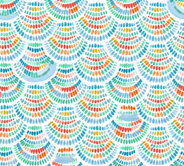 Geometric ornament of mermaid fish scales in blue, green, orange, red colors. Seigaiha print. Hand-painted seamless pattern. - 641500265