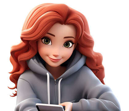 Red Hair Caucasian 3d Cartoon Woman In Gray Sweater Holding A Phone, 3d Cartoon, Transparent Background 