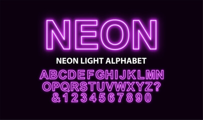 Neon light font. Retro neon font in futuristic style. purple neon glow typeface, Futuristic style font. Vector	