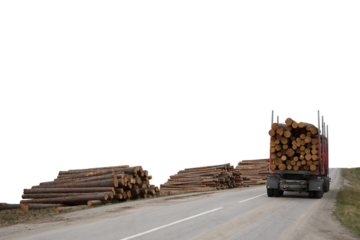 Trailer with timber on forest road, and heaps of timber on the side of the road. Transparent png