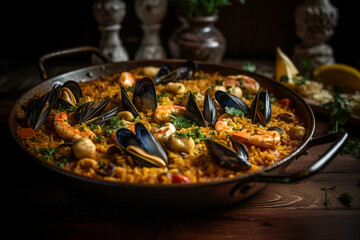 Delectable and savory seafood paella. 