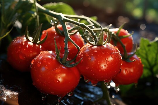 Fresh tomatoes on a branch, close distance. Tomatoes from the garden.