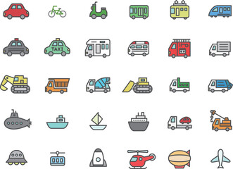 シンプルな乗り物のカラーアイコンセット