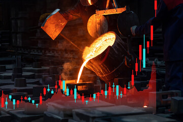 Investment and profitability, risk management. Ferrous metal smelting and stock charts symbolizing...