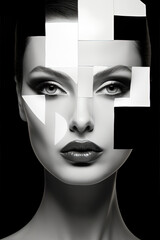 Woman's face in black and white, combined with geometric abstract forms