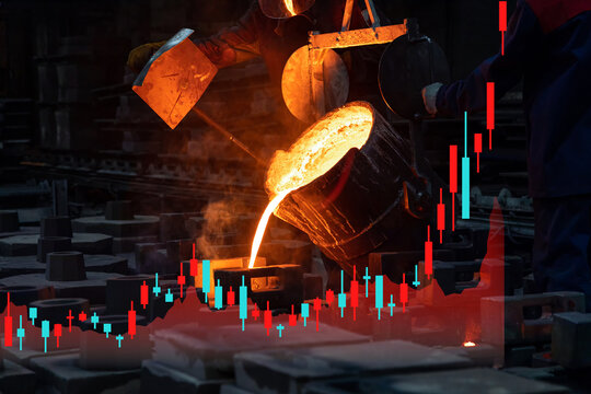 Investment and profitability, risk management. Ferrous metal smelting and stock charts symbolizing price growth. Foundry, heavy industry, industrial growth - Powered by Adobe