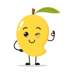 Cute happy mango character. Funny smiling and wink fruit cartoon emoticon in flat style. food vector illustration