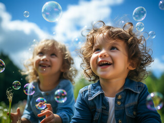 Joyful Kids Gazing Skyward at Bubbles