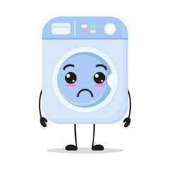 Cute sad washing machine character. Funny unhappy home appliance cartoon emoticon in flat style. bag vector illustration