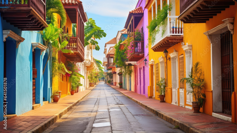 Wall mural colorful buildings and palm trees on a vibrant street in colombia