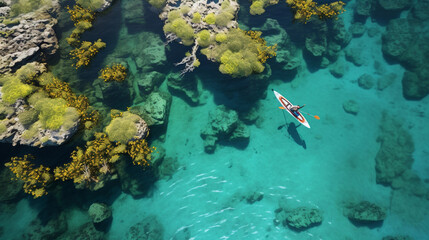 A Bird's-Eye View of a Lone Kayaker Navigating Through Serene Waters, Embracing the Beauty of Solitude
