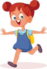 Happy Little Girl Running Going Back to School Vector Cartoon. Cheerful schoolgirl with the backpack and uniform jumping of joy
