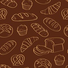 Hand-drawn bread, bun, pretzel, muffin seamless pattern. Pattern for bakery, cafe decoration.