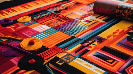 A vibrant and abstract Colombian artwork featuring colorful lines and shapes