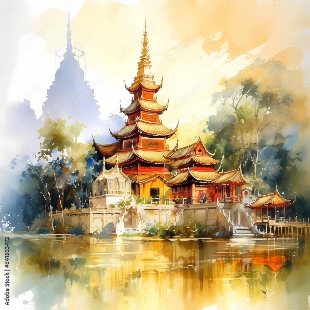 Canvas Prints beautiful golden pagoda thai style with river view