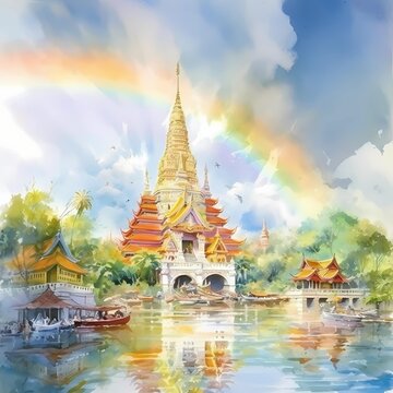 beautiful golden pagoda Thai style with river view
