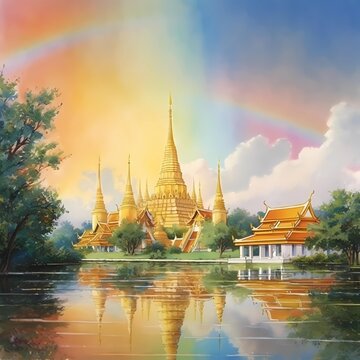 beautiful golden pagoda Thai style with river view