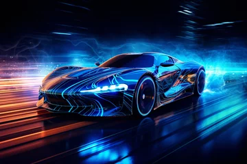 Fotobehang Snelweg bij nacht Futuristic Sports Car On Neon Highway. Powerful acceleration of a supercar with colorful lights trails.