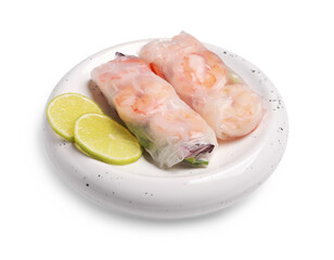 Delicious spring rolls with shrimps wrapped in rice paper on white background