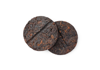 Disc shaped traditional Chinese pu-erh tea isolated on white, top view