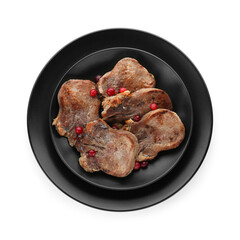 Tasty beef tongue pieces isolated on white, top view