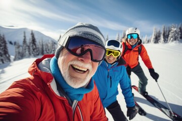 Fototapeta na wymiar Group of senior people taking a selfie with a smart phone while skiing and snowboarding on a ski resort on a snowy mountain during winter