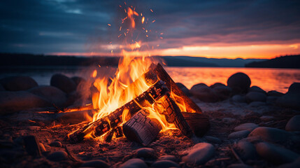 A Close-Up of a Campfire, Its Flames Gracefully Dancing Against the Sunset Evening Sky, Embracing Nature's Serenity