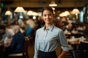 Smiling portrait of a young caucasian waitress working in a restaurant or bar