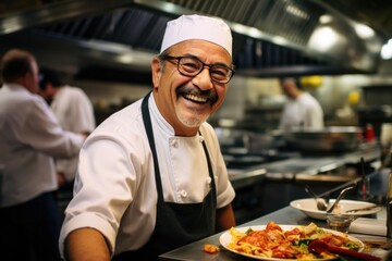 Middle aged caucasian chef working in the kitchen of a italian restaurant - Powered by Adobe