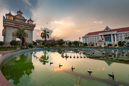 Water Fountain Pool at sunset,Patuxay Victory monument in Vientiane, Laos,Southeast Asia.