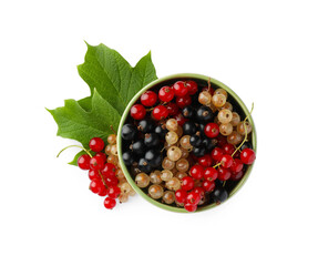Fresh red, white and black currants in bowl with green leaf isolated on white, top view