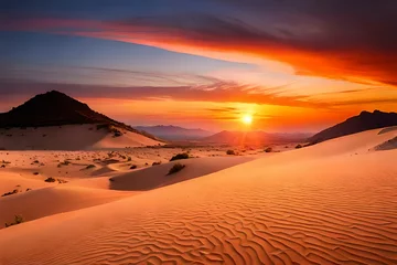 Zelfklevend Fotobehang A lonely desert dune silhouetted against the vivid hues of a sunset sky, a testament to the vastness of the landscape © ra0