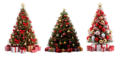 Beautiful se of three Christmas trees on white and transparent background - obrazy, fototapety, plakaty