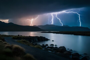 A dramatic lightning storm illuminating the night sky, nature's powerful display captured in all its glory