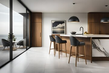 A chic barstool with a leather seat, positioned at a marble kitchen counter