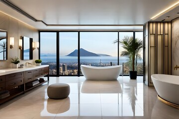 Fototapeta na wymiar A luxurious bathroom with a freestanding bathtub, adorned with plush towels and elegant fixtures