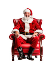 Santa Claus sitting on chair and smiling at camera on white and transparent background © Pajaros Volando