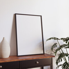 minimalist aesthetic frame mockup poster template on the table leaning on the white wall from side...