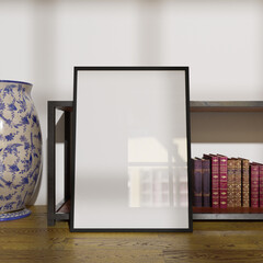 simple frame mockup poster leaning on the console table with book and vase as a decoration