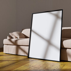 70x100 frame mockup poster leaning on the beige sofa light by sunlight. Minimal design in bright interior background.
