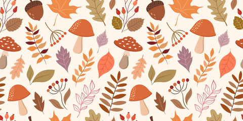 Seamless pattern with autumn leaves, berries, plants and mushrooms