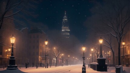 街のイルミネーション、キラキラと輝く、雪が降る｜City illuminations, sparkling lights, falling snow. Generative AI