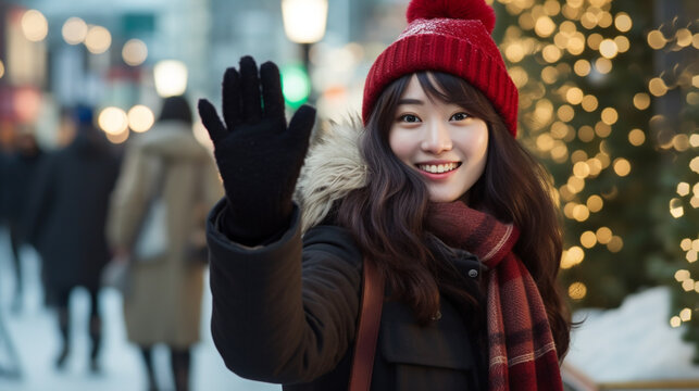 冬の街で待ち合わせをする若い日本人女性