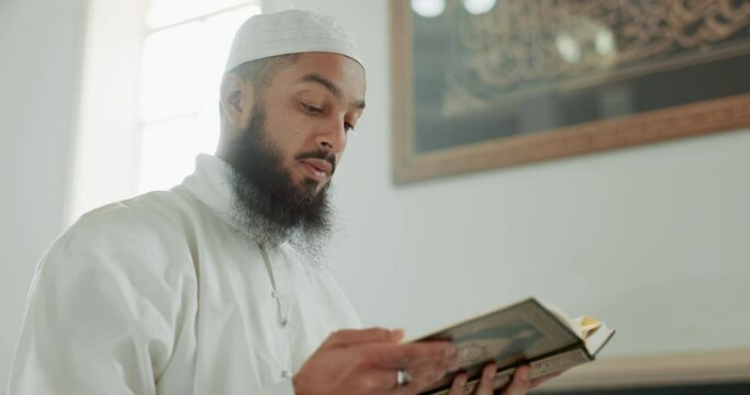Islam, kiss and man in mosque with Quran, mindfulness and gratitude in faith reading. Worship, religion or love for Muslim Imam with holy book for praise, spiritual teaching or peace in prayer at Eid