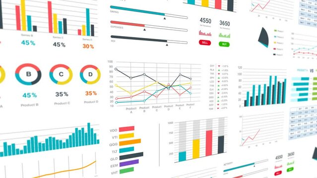 Animated Data, analysis, Statistics, financial market and reports, numbers and Multicolor graphs. 4K Stock Video