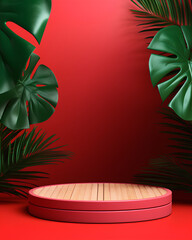 Podium product display stand with nature leaves. 3D rendering