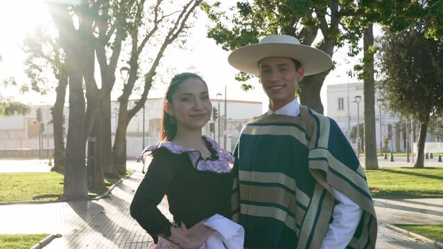 portrait young couple dressed in traditional huaso clothes to dance cueca