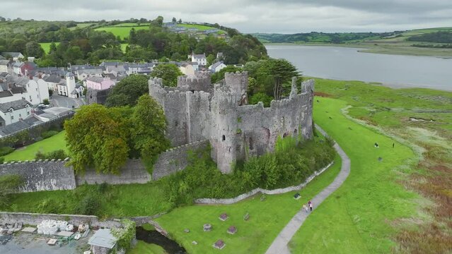 Laugharne Castle or Castell Talacharn from a drone, Laugharne, Carmarthen, Wales, England